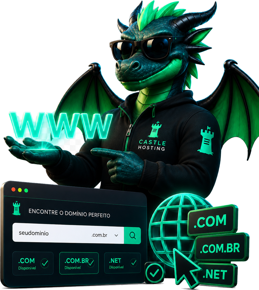 Mascote CastleHosting indicando registro de domÃnio e extensões .com, .com.br e .net
