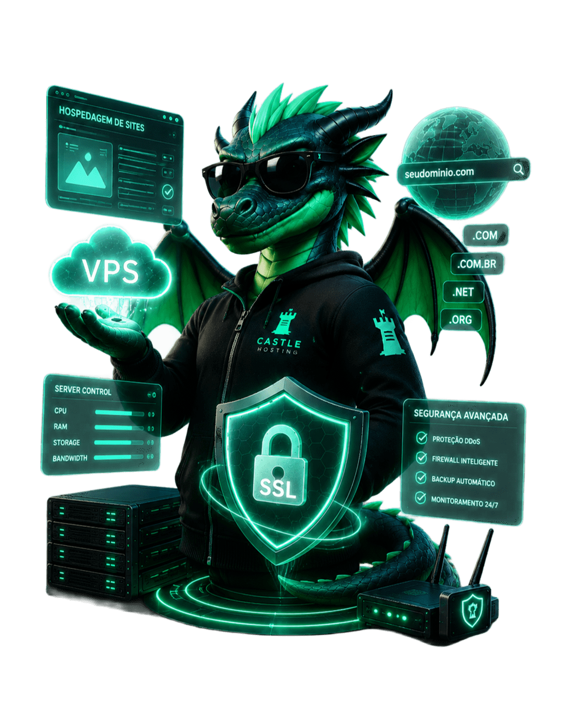 Drakonis, mascote da CastleHosting com recursos de hospedagem, VPS, domínios e segurança