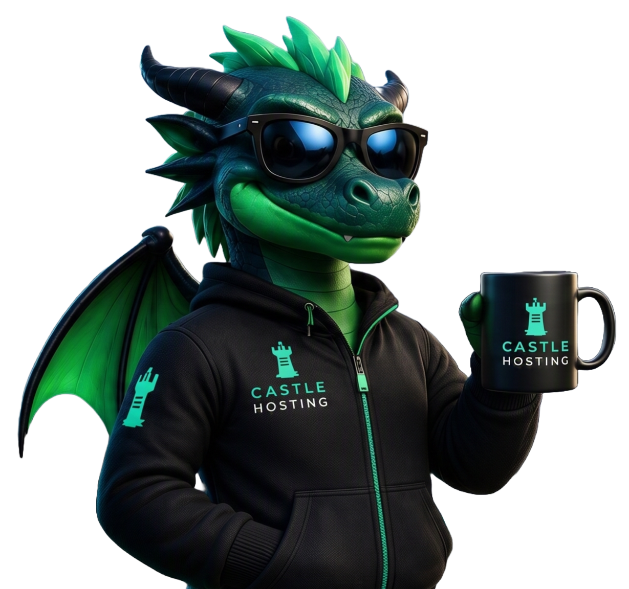 Drakonis segurando uma caneca CastleHosting